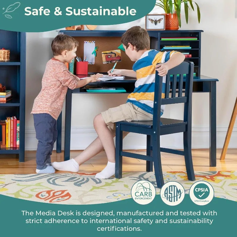 Guidecraft Kids Media Desk and Chair Set : Student's Workstation with Storage, Wooden Writing Table with Hutch and Shelves for