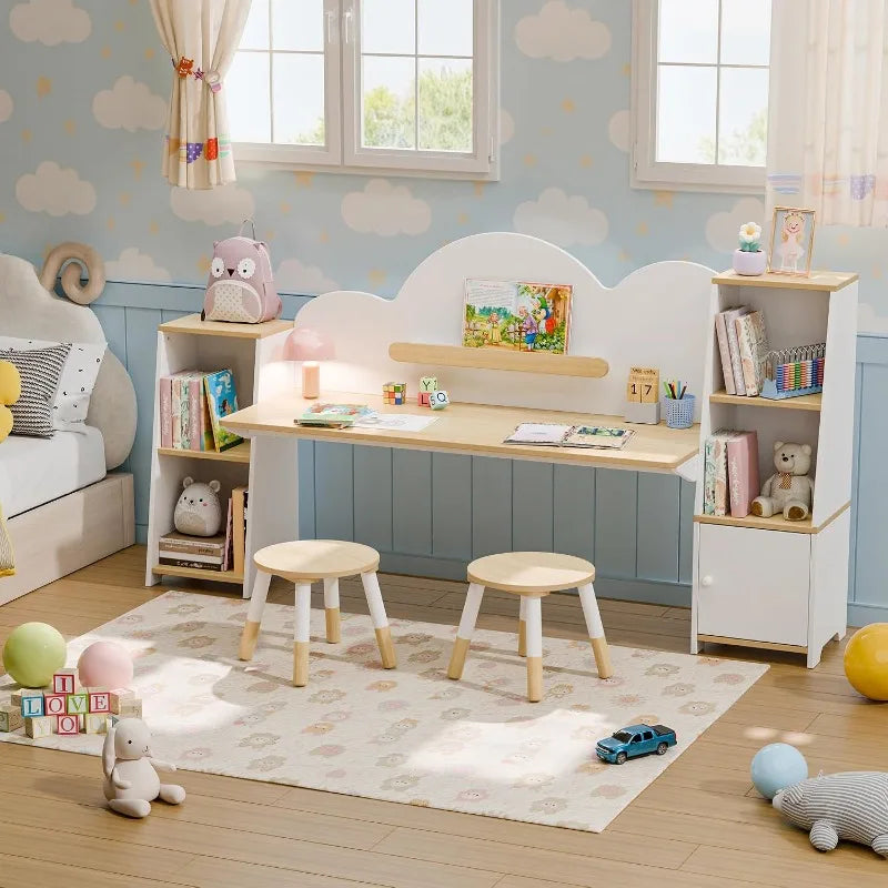 Xilingol Kids Desk with Storage Wooden Children Study Desk and Chair Set Cabinets, Montessori Cloud-Style Art Desk