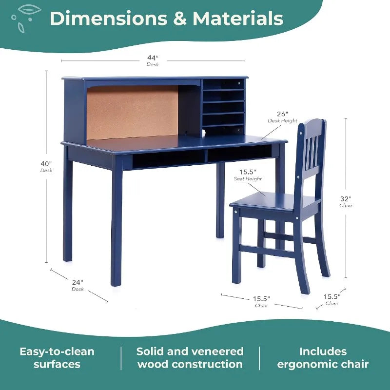 Guidecraft Kids Media Desk and Chair Set : Student's Workstation with Storage, Wooden Writing Table with Hutch and Shelves for