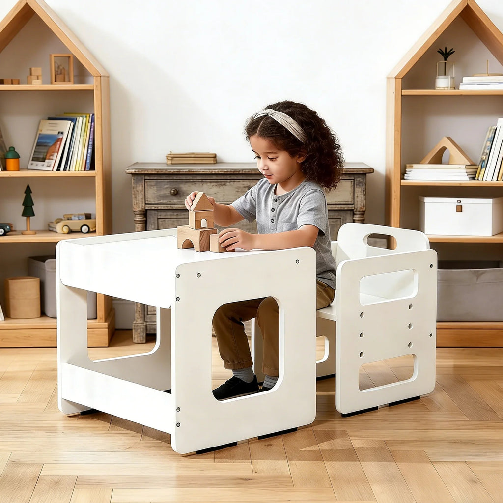 Kids Weaning Table and Chair Set Height Adjustable Wooden Table Set for 1 To 3 Years Children Playing Learning Reading Eating