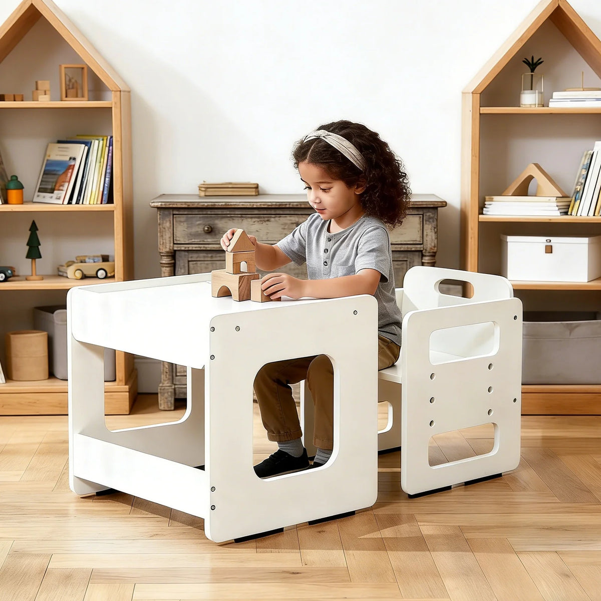 Kids Weaning Table and Chair Set Height Adjustable Wooden Table Set for 1 To 3 Years Children Playing Learning Reading Eating