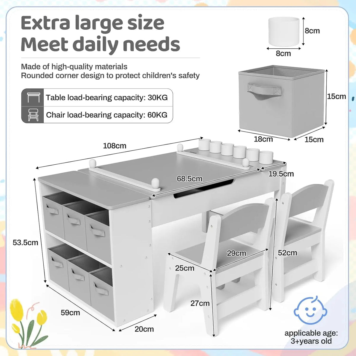 Children's Seating Set, Wooden Desk, Play Table, Children's Drawing Table 3-in-1 Kids Art Table and 2 Chair Set, Activity Table with Storage, Easel Transformation 5 Paint Cups, 6 Storage Bins,Paper Roll