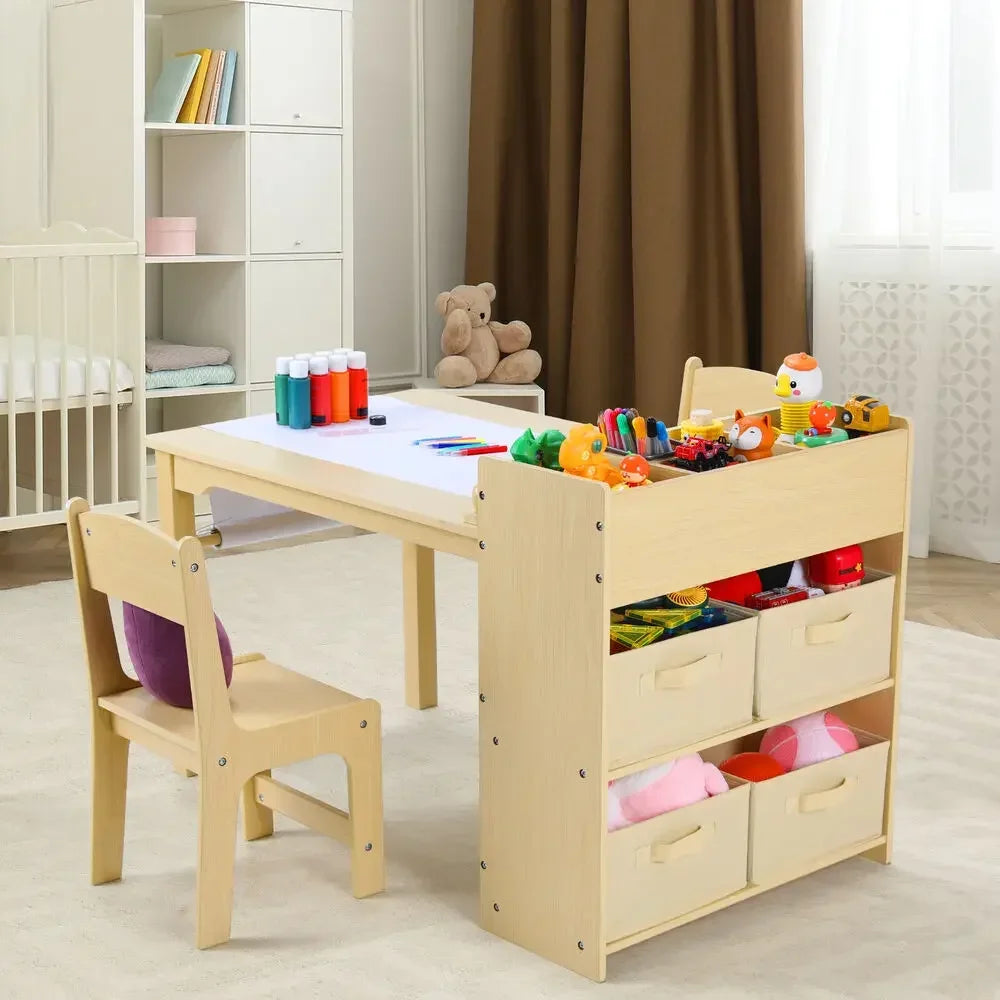 Kids Art Table & 2 Chairs Set Spacious Craft Table with Storage Shelves for Drawing, Activities, Study - Ideal Wooden Furniture