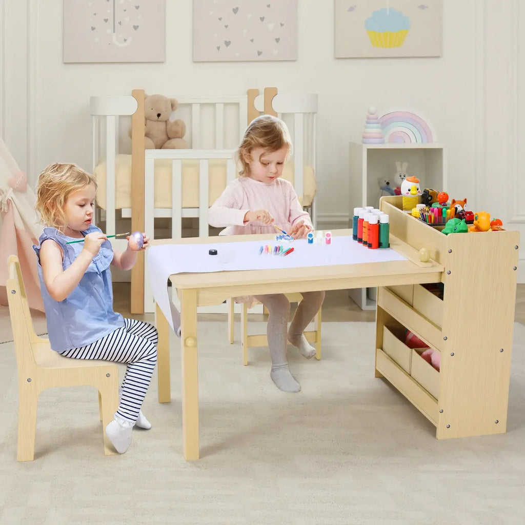 Kids Art Table & 2 Chairs Set Spacious Craft Table with Storage Shelves for Drawing, Activities, Study - Ideal Wooden Furniture