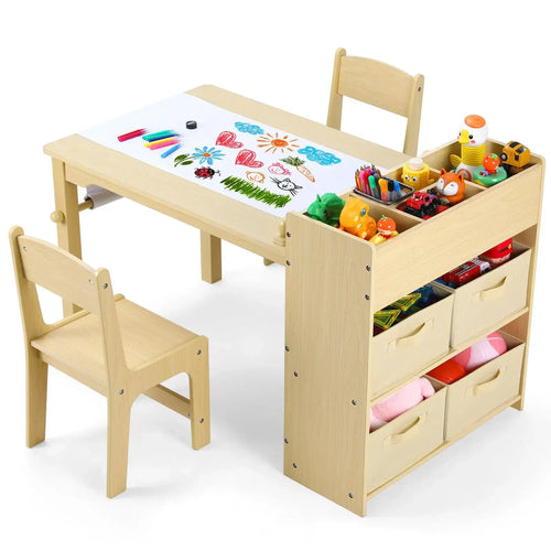Kids Art Table & 2 Chairs Set Spacious Craft Table with Storage Shelves for Drawing, Activities, Study - Ideal Wooden Furniture