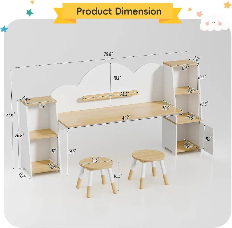 Xilingol Kids Desk with Storage Wooden Children Study Desk and Chair Set Cabinets, Montessori Cloud-Style Art Desk